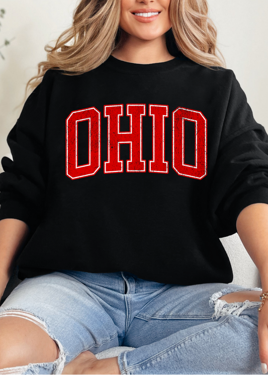 MADE TO ORDER - DISTRESSED OHIO VARISITY LETTER RED GRAPHIC PULLOVER