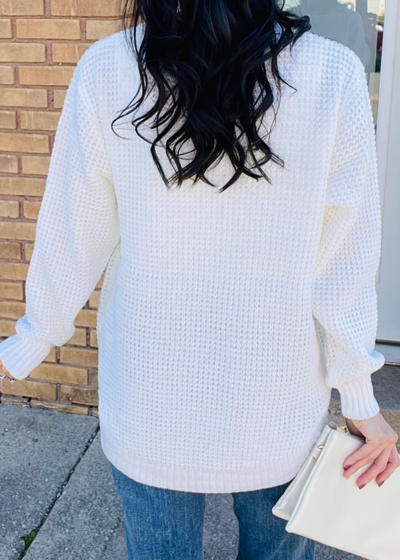 Ivory - Round Neck Waffle Sweater