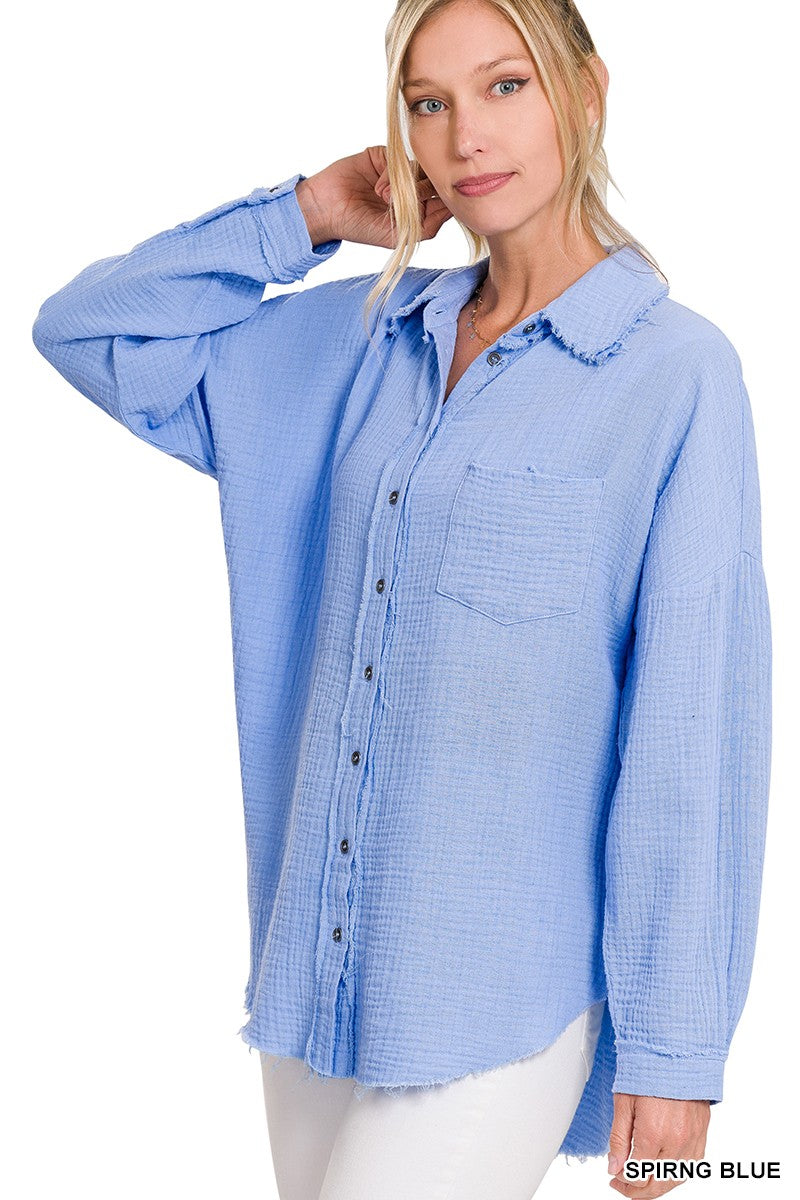 Spring Blue- Oversized Raw Edge Linen Top