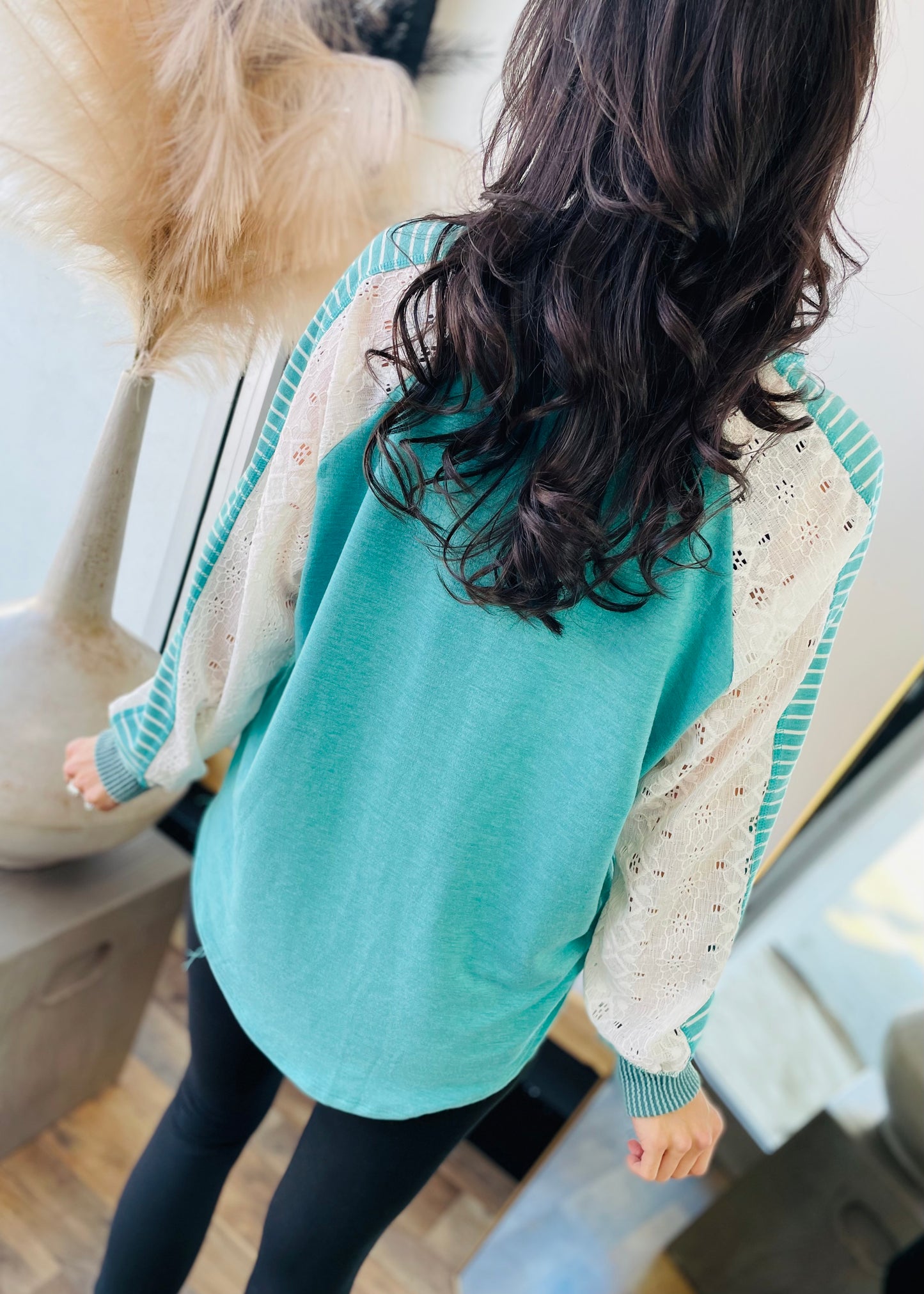 Teal and Lace V Neck Top