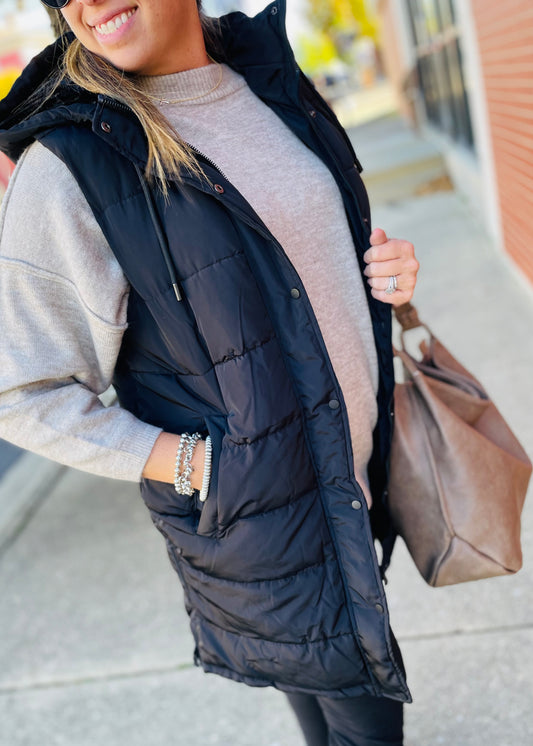 Black - Long Puffer Vest