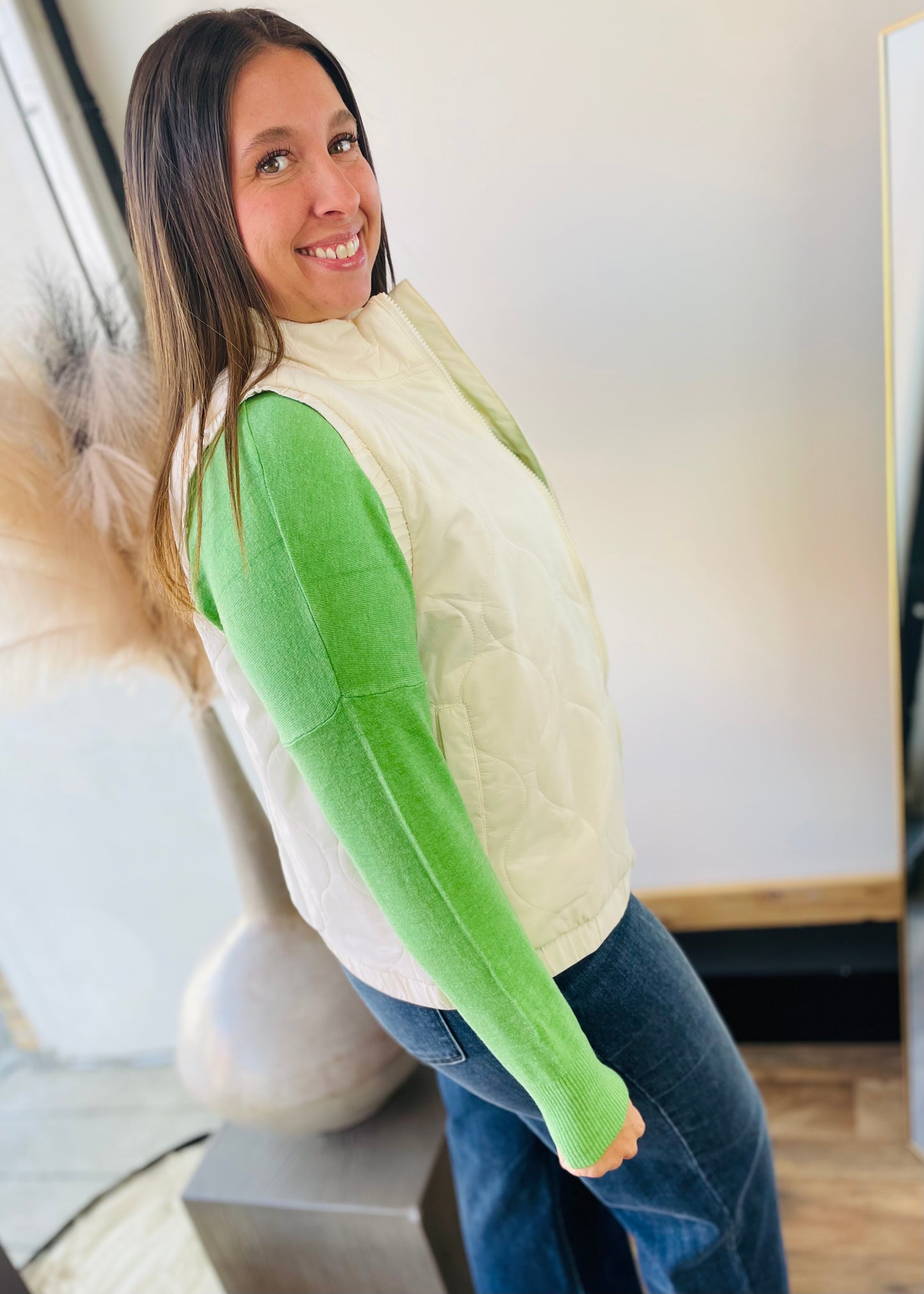 Heathered Light Green - Front Seam Round Neck Pullover Sweater