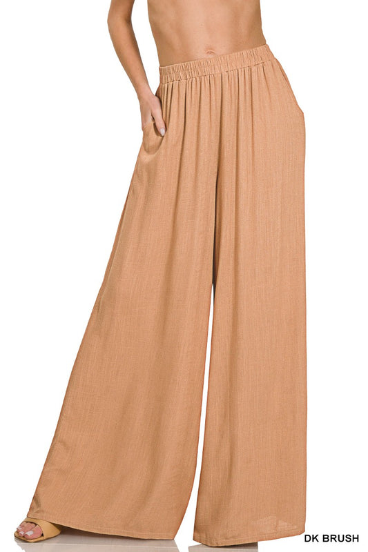 Camel - Long Linen Blend Wide Leg Pant