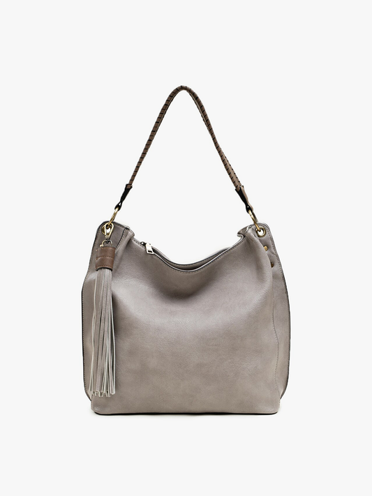 M1861 Amber Three Compartment Tassel Hobo Bag: Grey