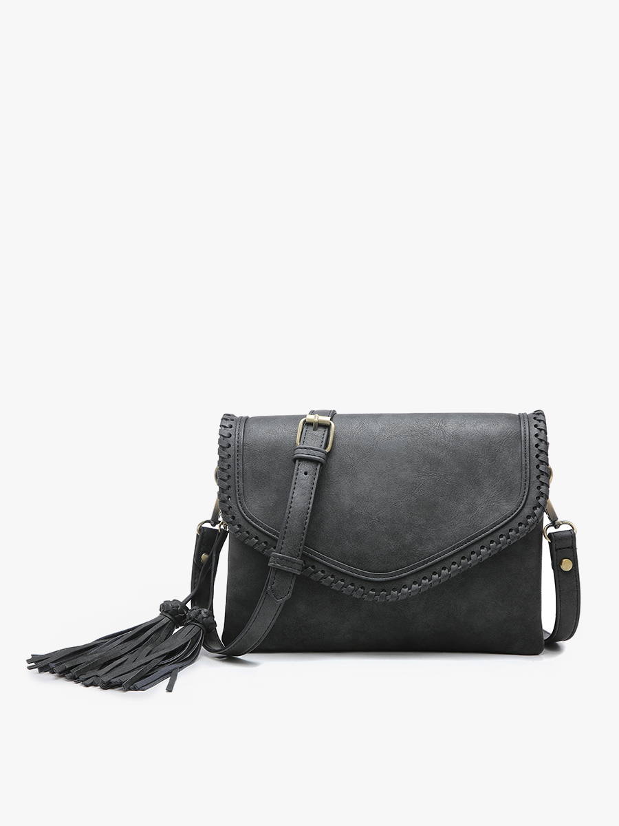 M1802A Sloane Flapover Crossbody w/ Whipstitch and Tassel: Grey