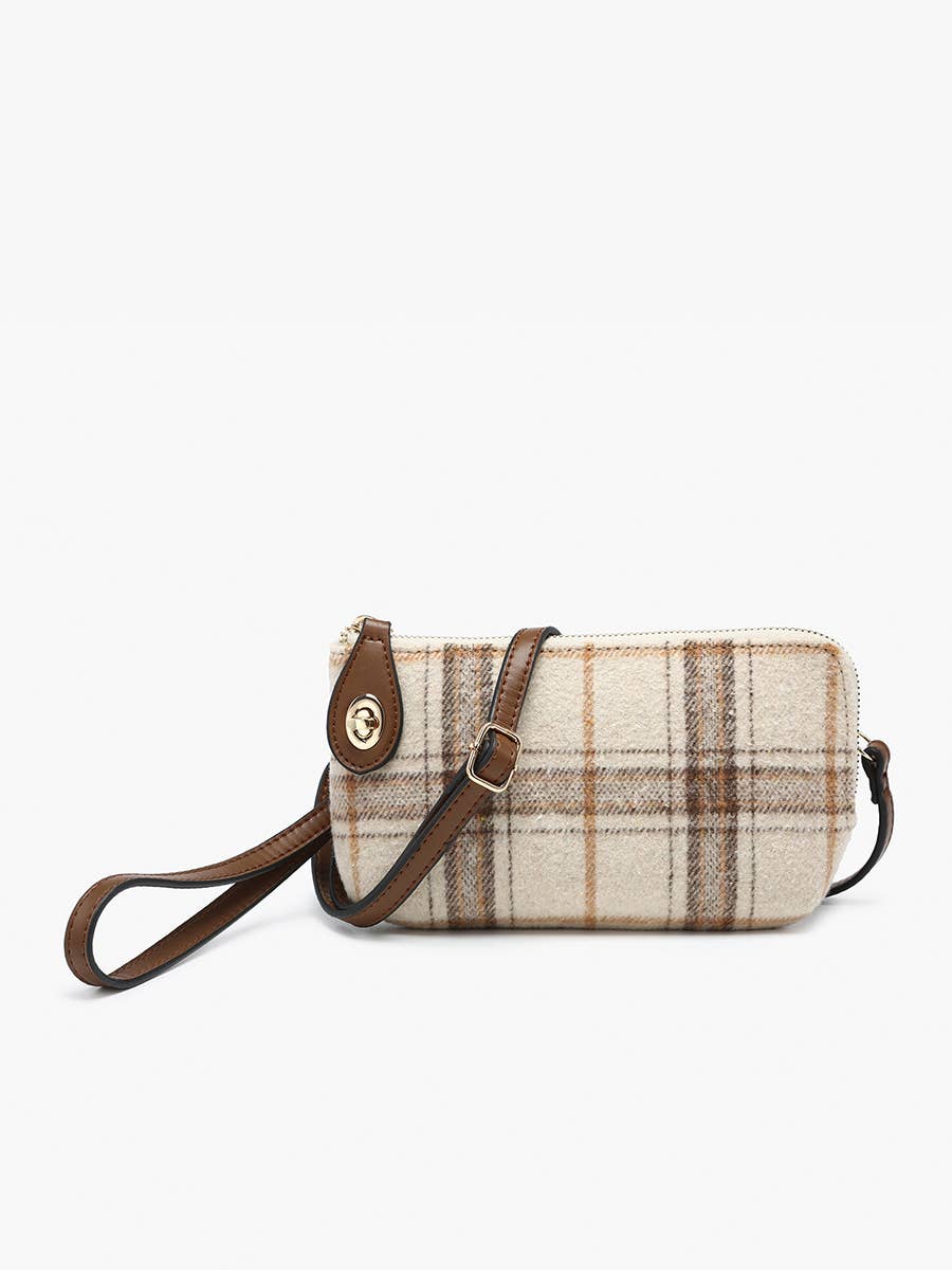 M1818PLD Kendall Plaid Crossbody/Wristlet w/ Twist Lock Closure: Beige