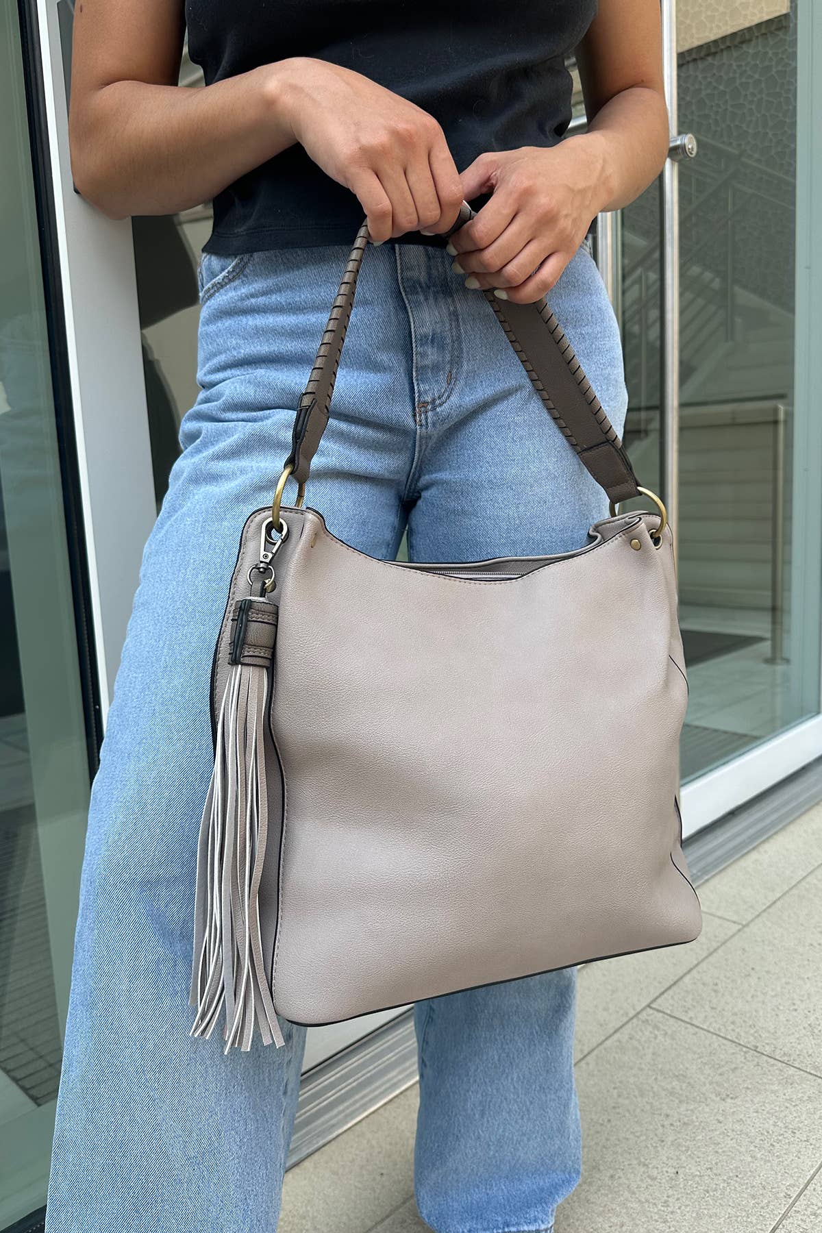 M1861 Amber Three Compartment Tassel Hobo Bag: Brown