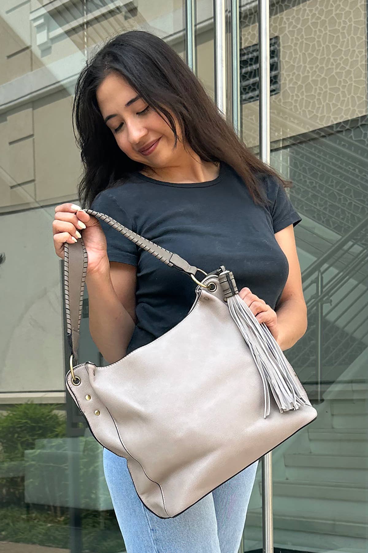 M1861 Amber Three Compartment Tassel Hobo Bag: Grey