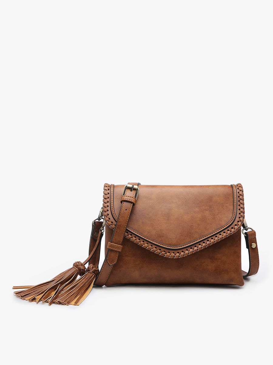 M1802A Sloane Flapover Crossbody w/ Whipstitch and Tassel: Grey