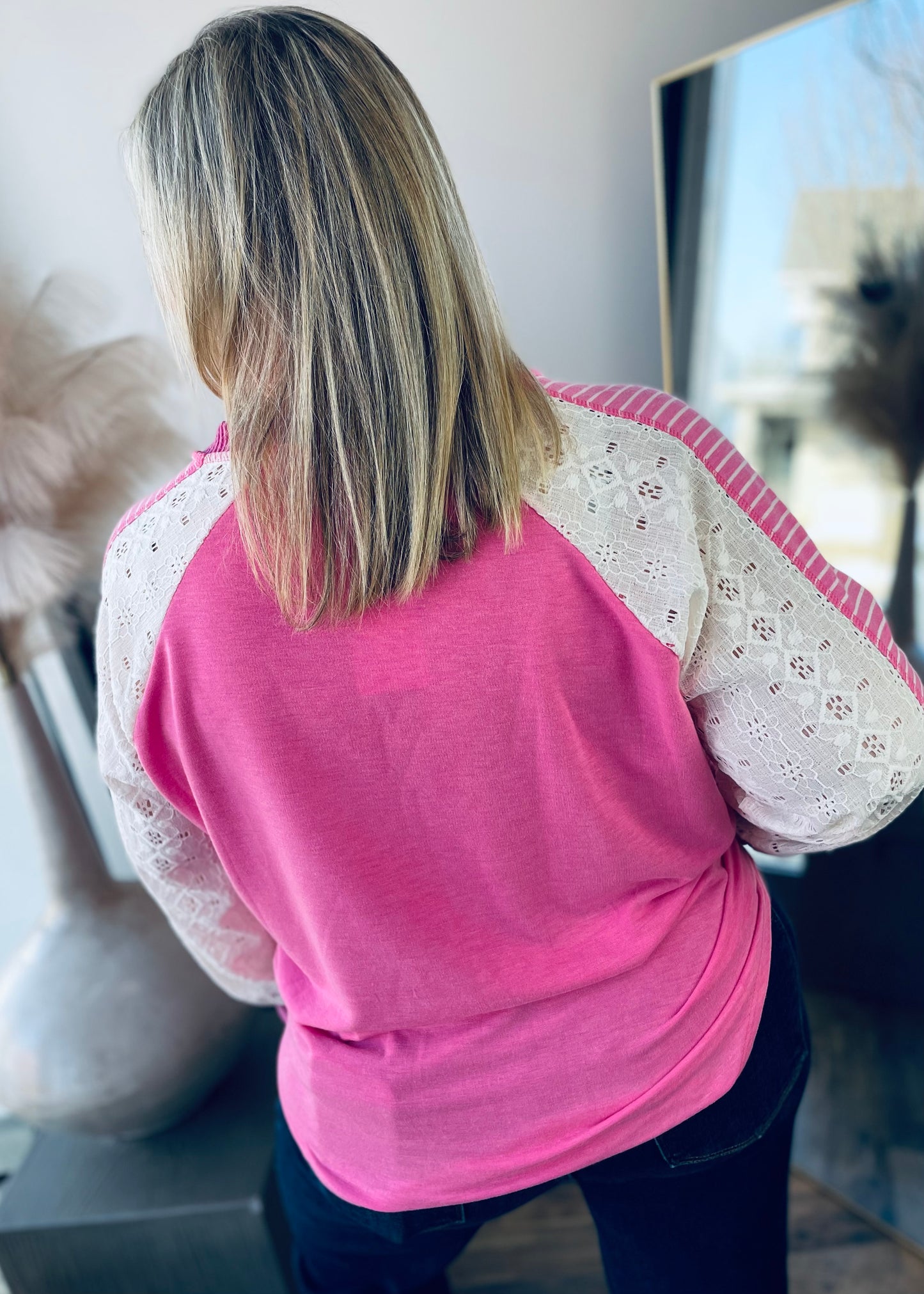 Pink and Lace V Neck Top