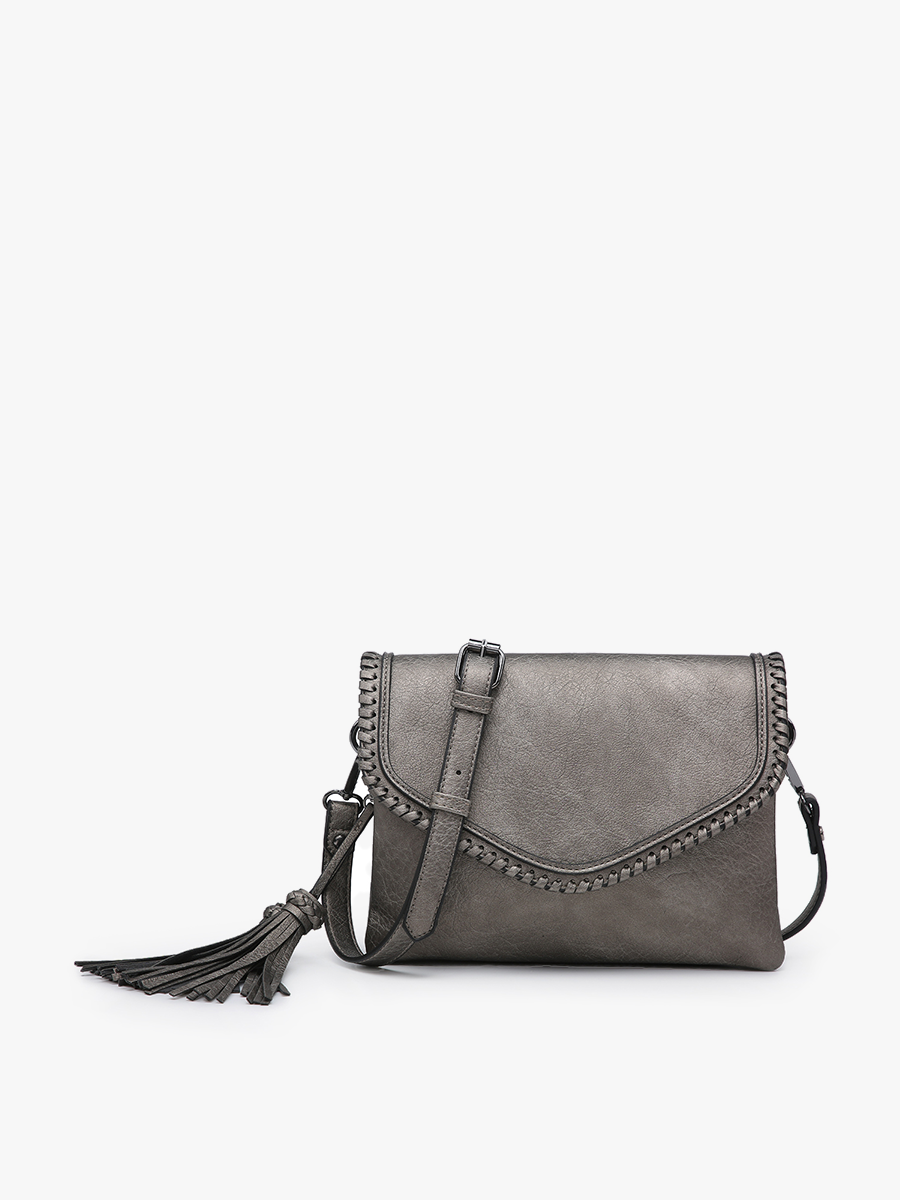 M1802A Sloane Flapover Crossbody w/ Whipstitch and Tassel: Brown