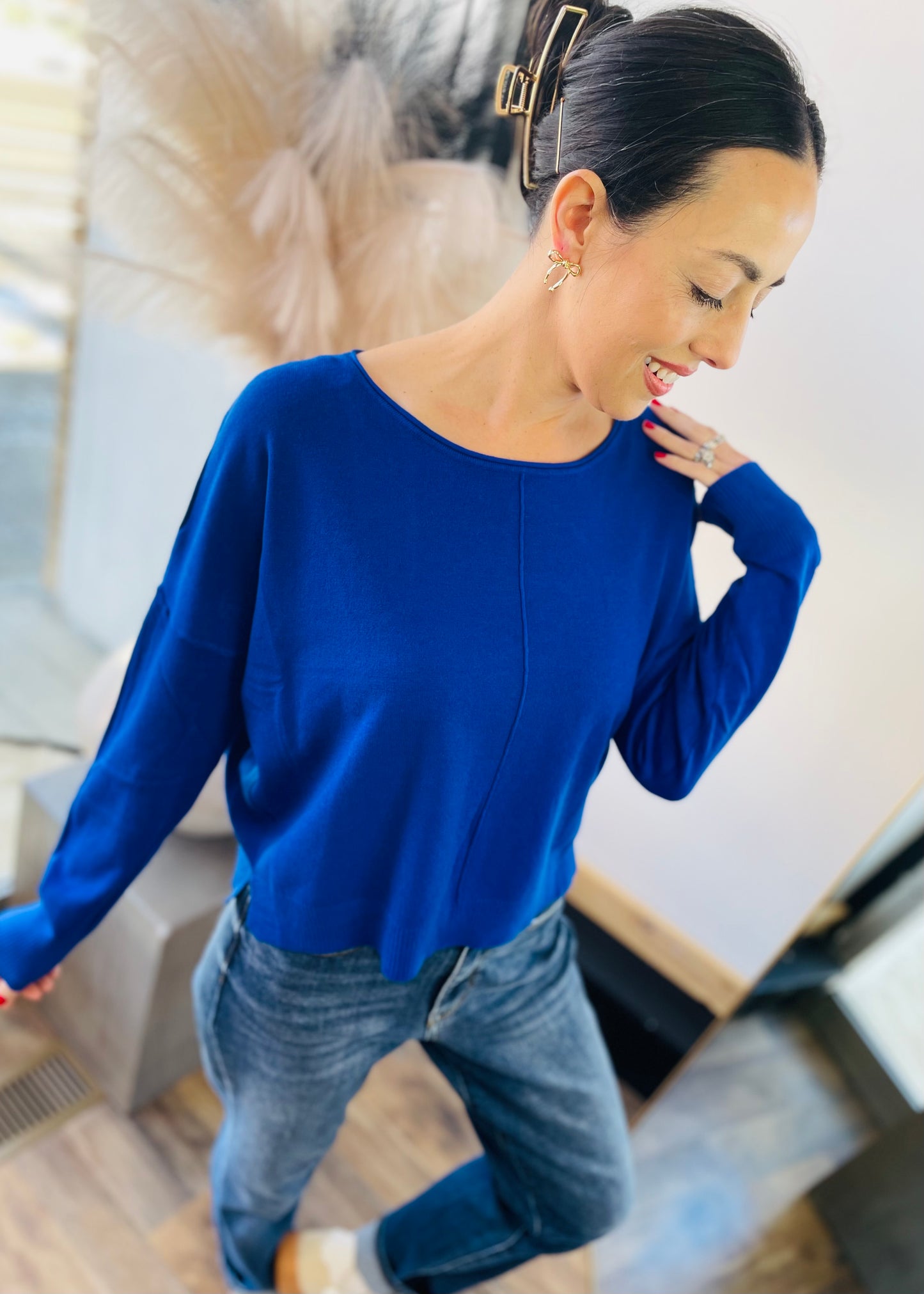 Royal Blue - Front Seam Round Neck Pullover Sweater