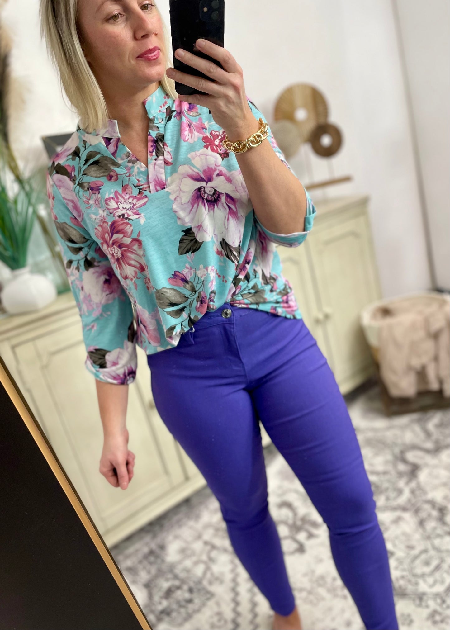 Mint Floral Print 3/4 Sleeve Top