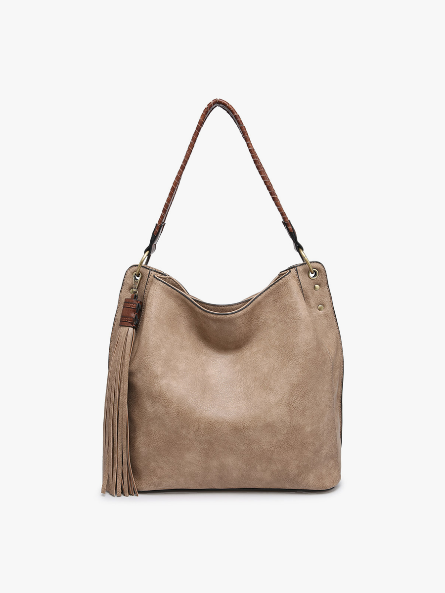 M1861 Amber Three Compartment Tassel Hobo Bag: Grey