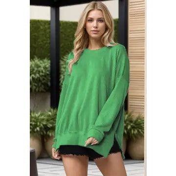 Kelly Green - Oversized Ribbed Knit Top with Side Slits