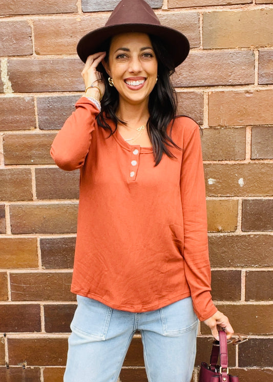 Rust Knit Henley Top