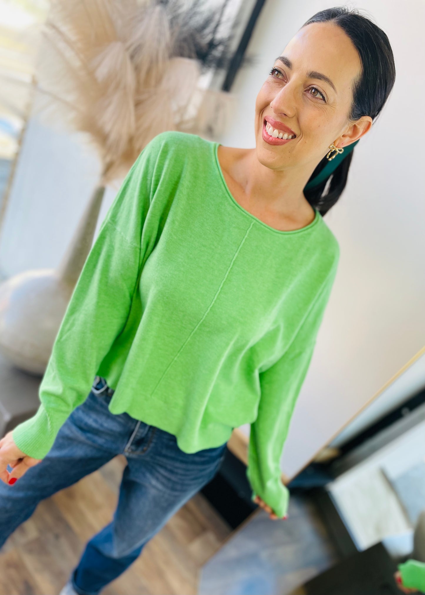 Heathered Light Green - Front Seam Round Neck Pullover Sweater