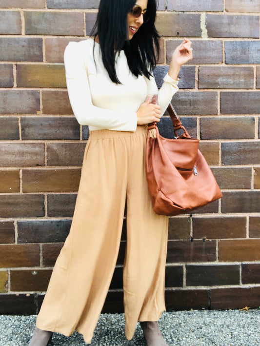 Camel - Wide Leg Linen Pants