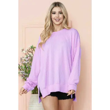 Lavender - Oversized Ribbed Knit Top with Side Slits