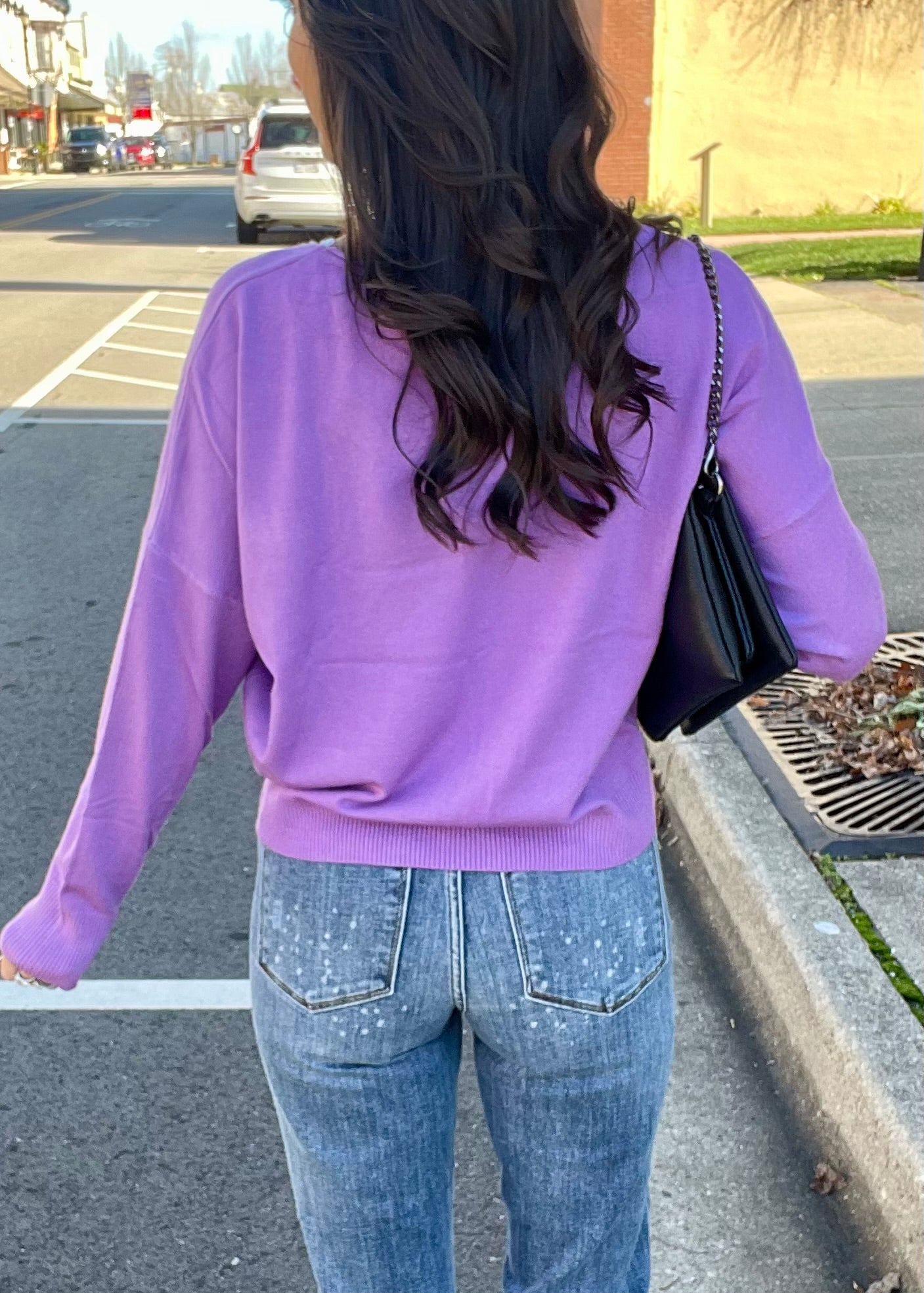 PURPLE SEAM FRONT ROUND NECK SWEATER