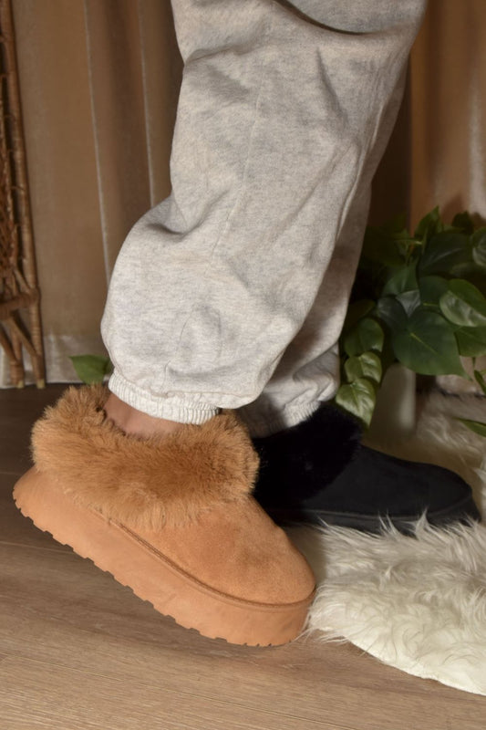 WILD DIVA Camel Faux-Fur Platform Slip On Booties