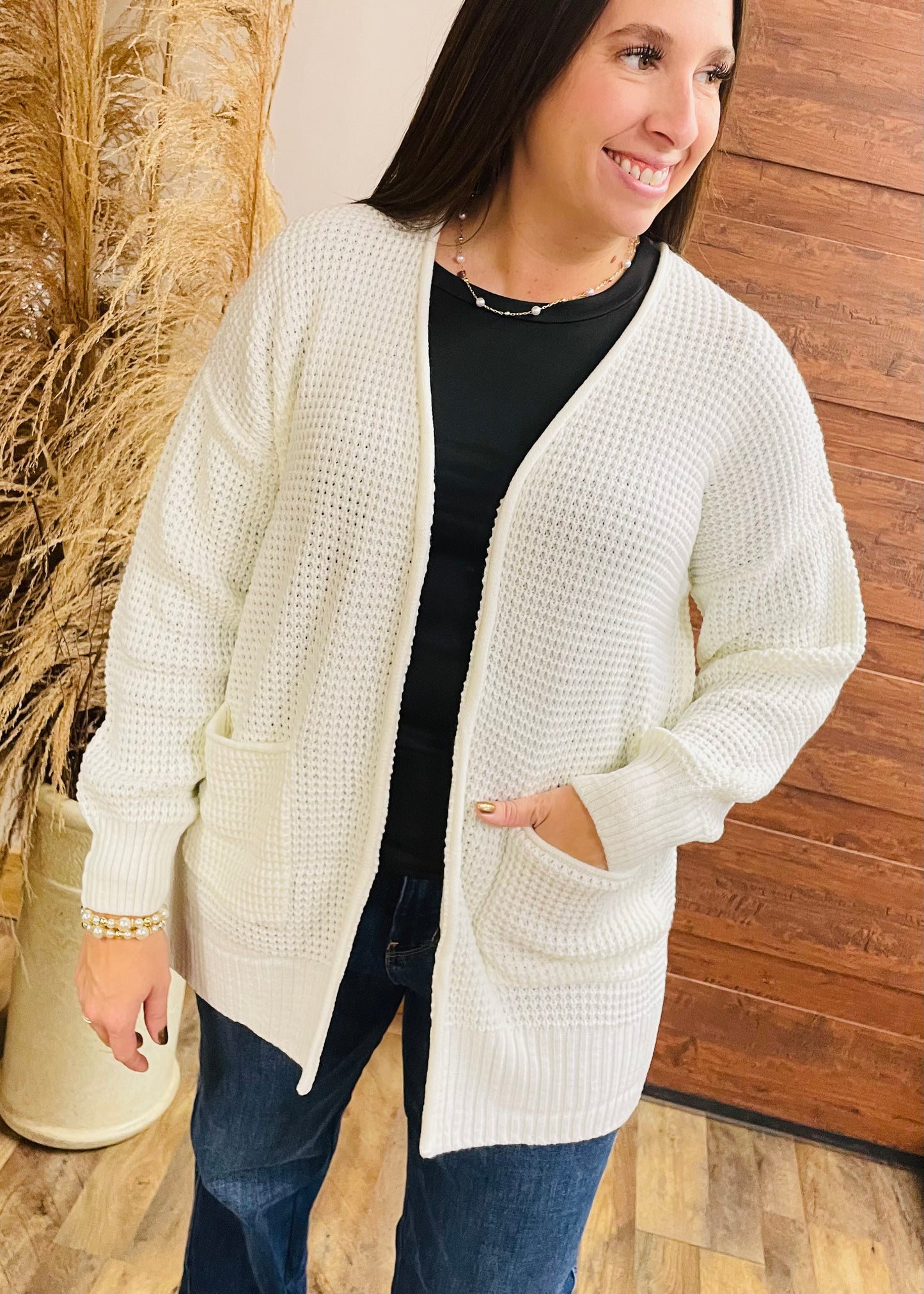 Ivory Open Front Waffle Cardigan