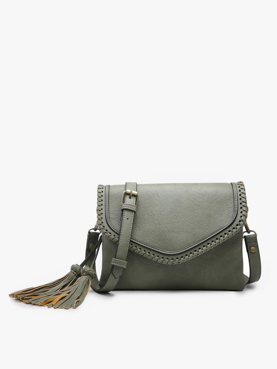 M1802A Sloane Flapover Crossbody w/ Whipstitch and Tassel: Grey