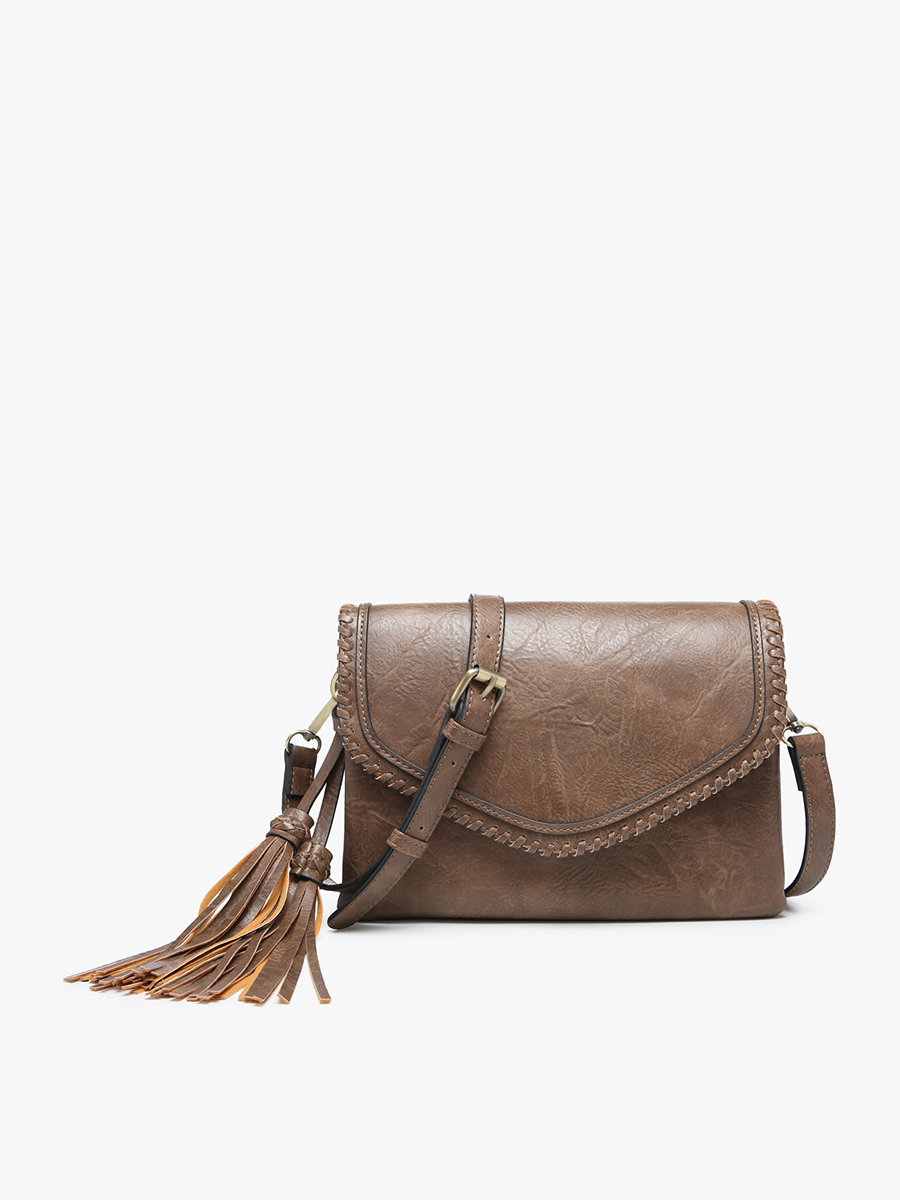 M1802A Sloane Flapover Crossbody w/ Whipstitch and Tassel: Grey