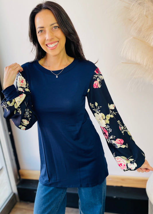 Navy Tunic with Floral Chiffon Sleeves