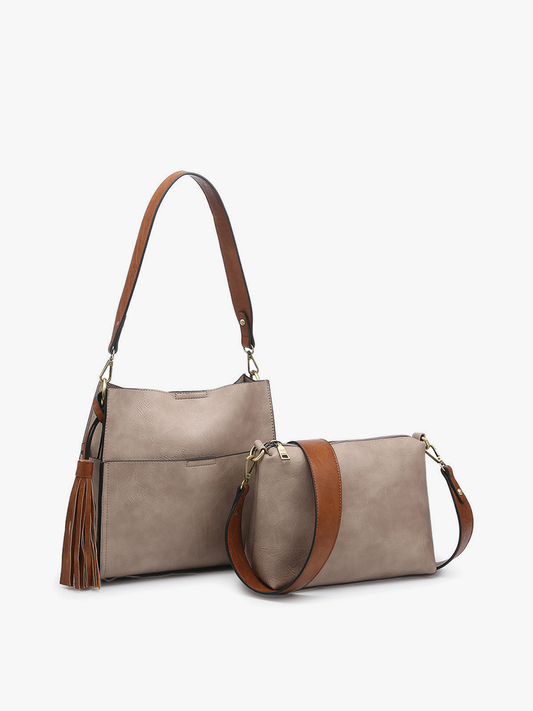 M1867 Lyla 2-in-1 Bucket Bag w/ Guitar Strap: Warm Grey/Brown