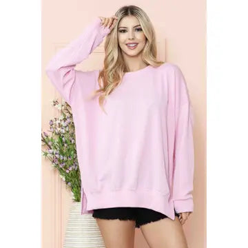 Light Pink - Oversized Ribbed Knit Top with Side Slits