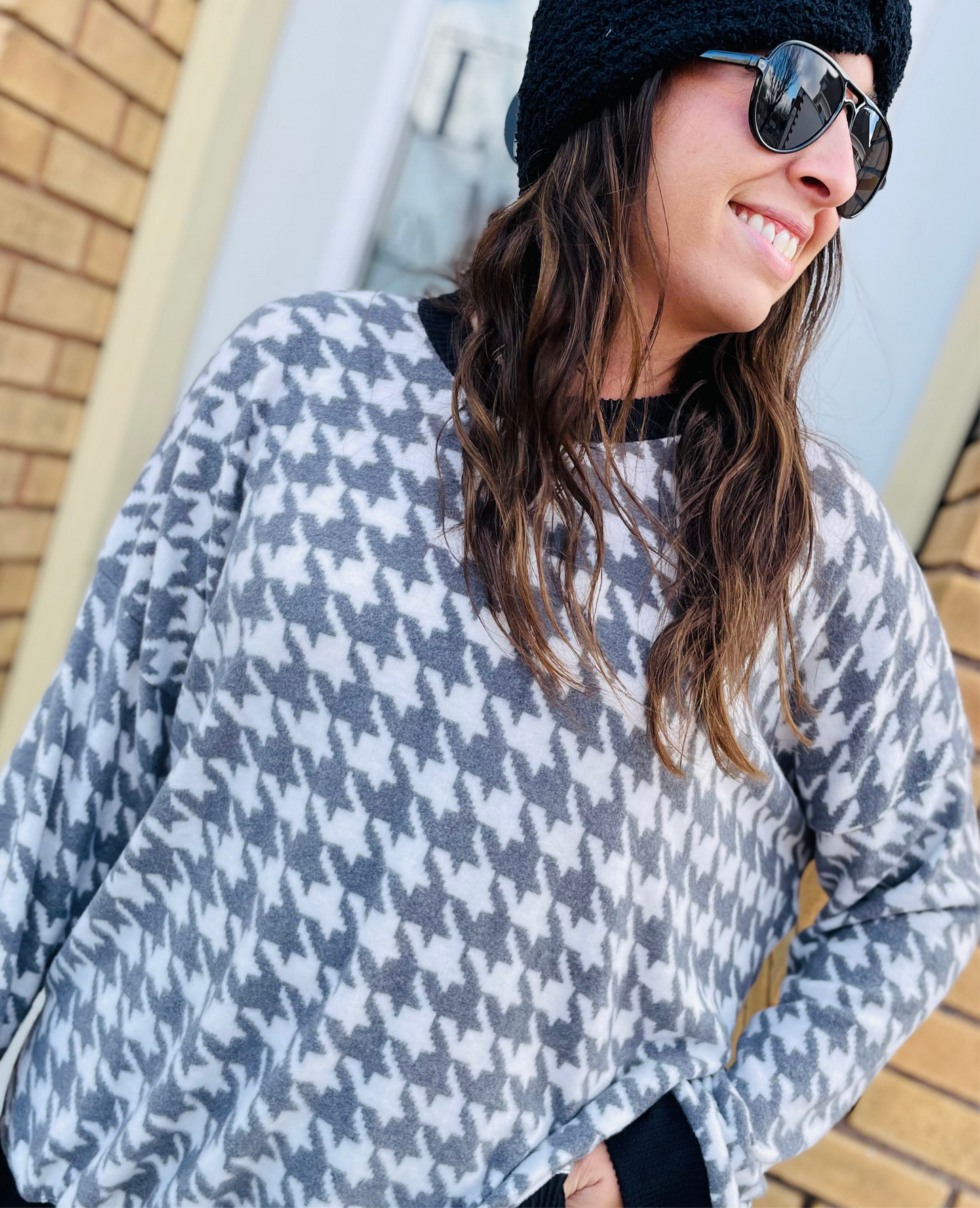 Houndstooth Brushed Oversized Sweatshirt