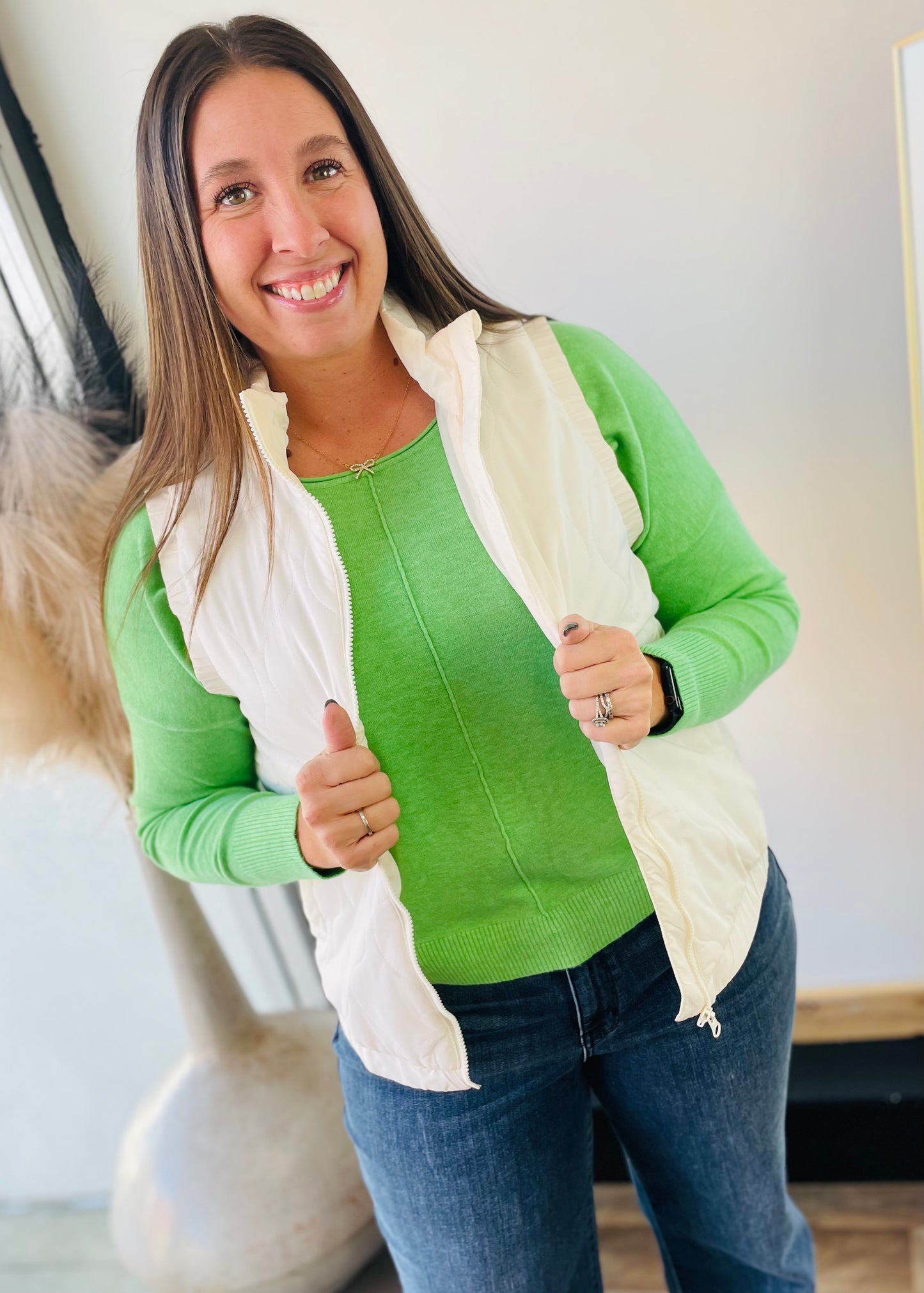 Heathered Light Green - Front Seam Round Neck Pullover Sweater