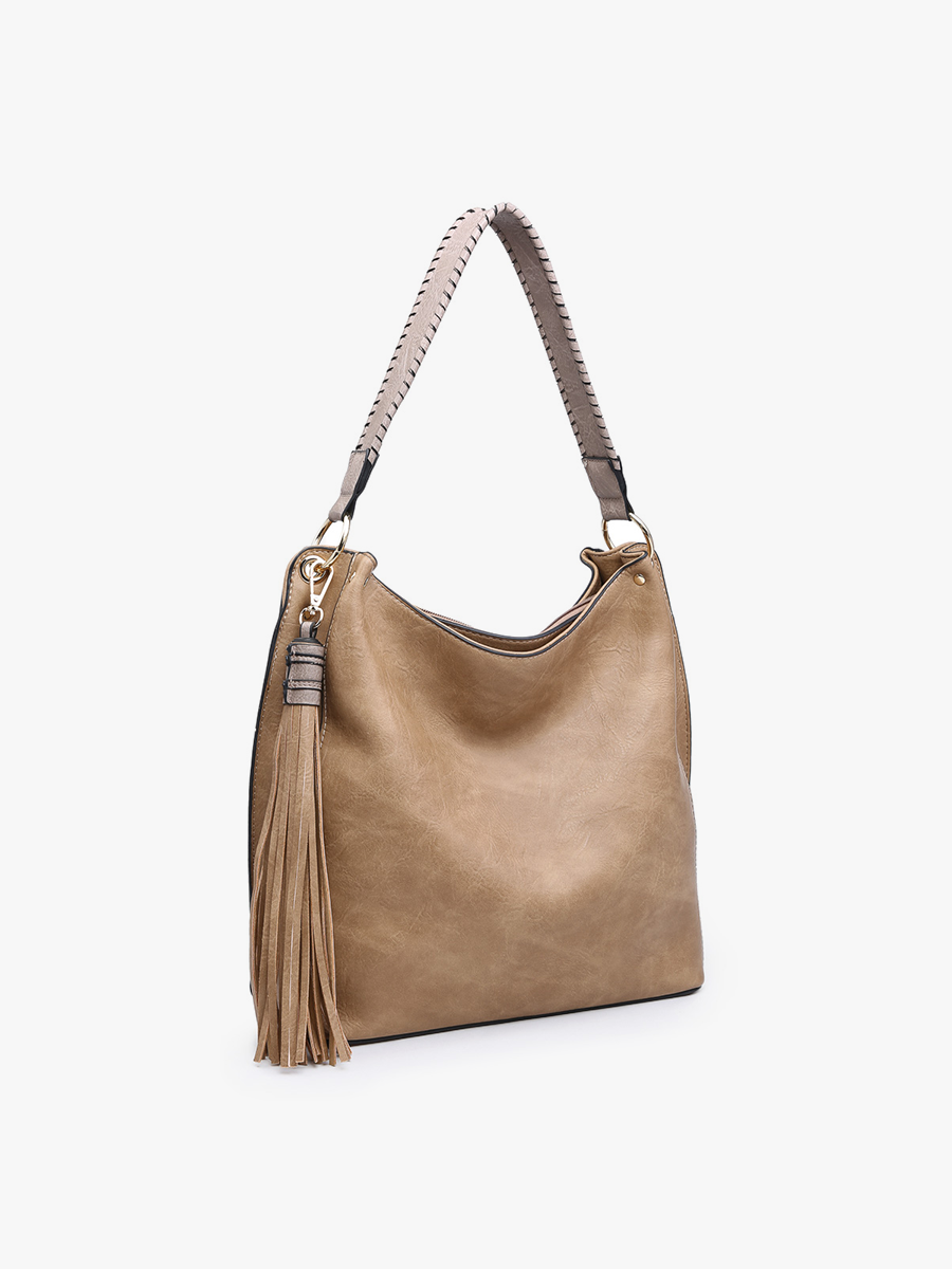 M1861 Amber Three Compartment Tassel Hobo Bag: Grey