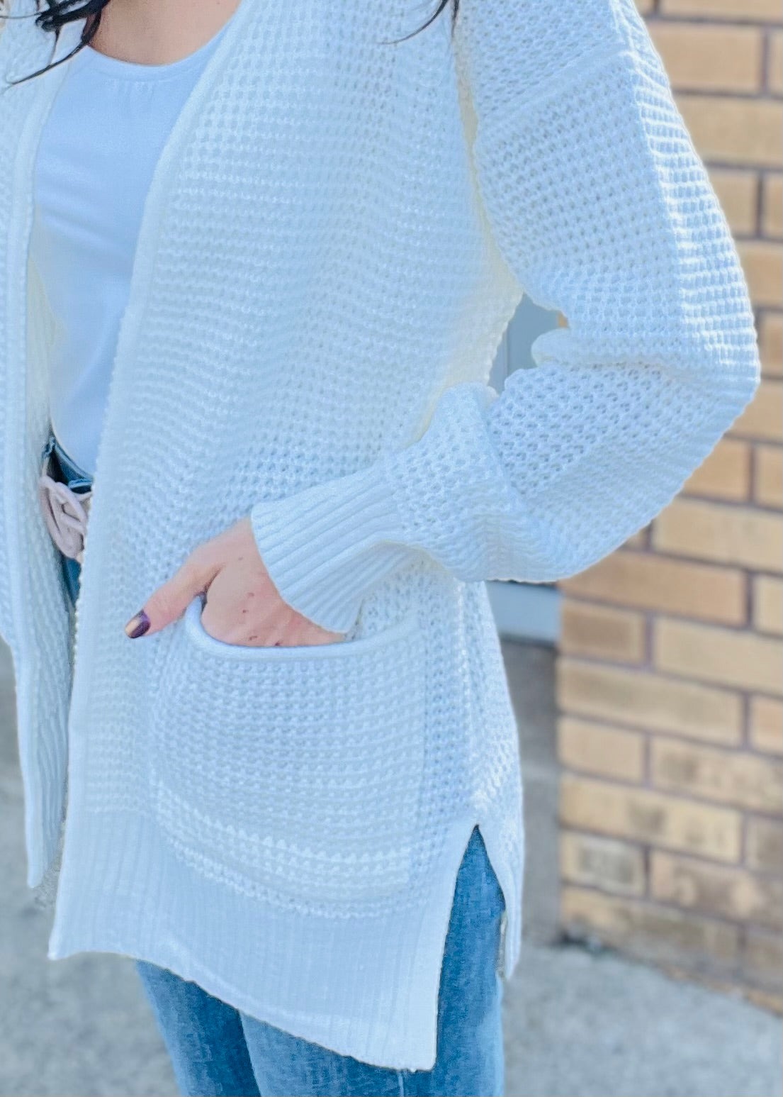 Ivory Open Front Waffle Cardigan