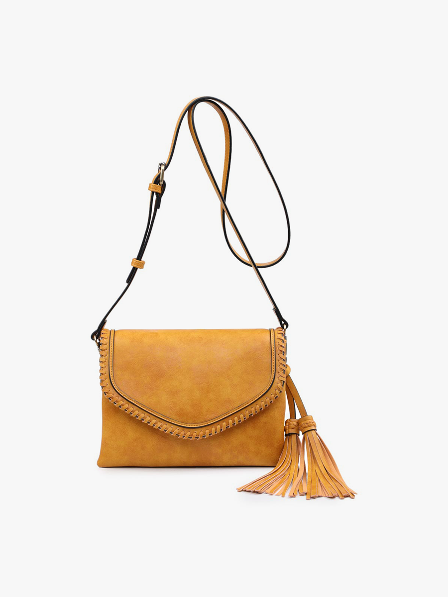 M1802A Sloane Flapover Crossbody w/ Whipstitch and Tassel: Grey