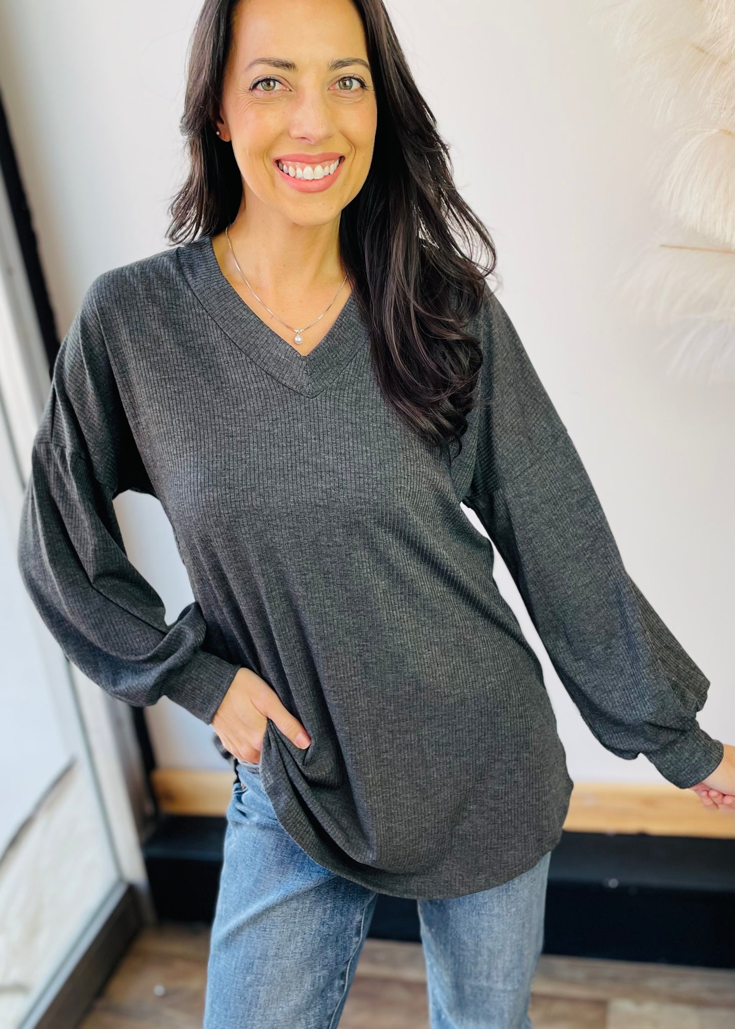 Charcoal V Neck Tunic Top