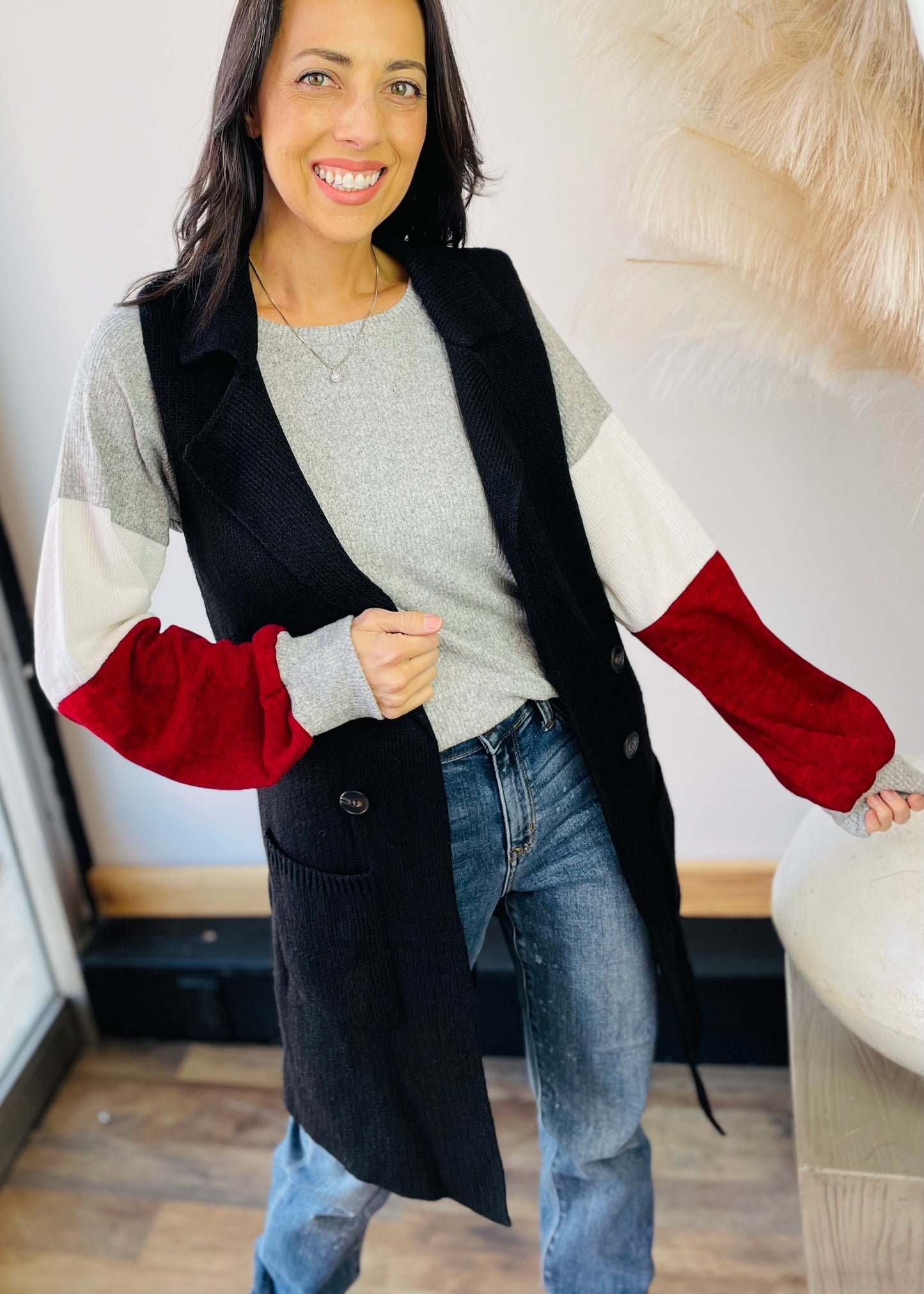 Burgundy and Grey Color Block Tunic Top