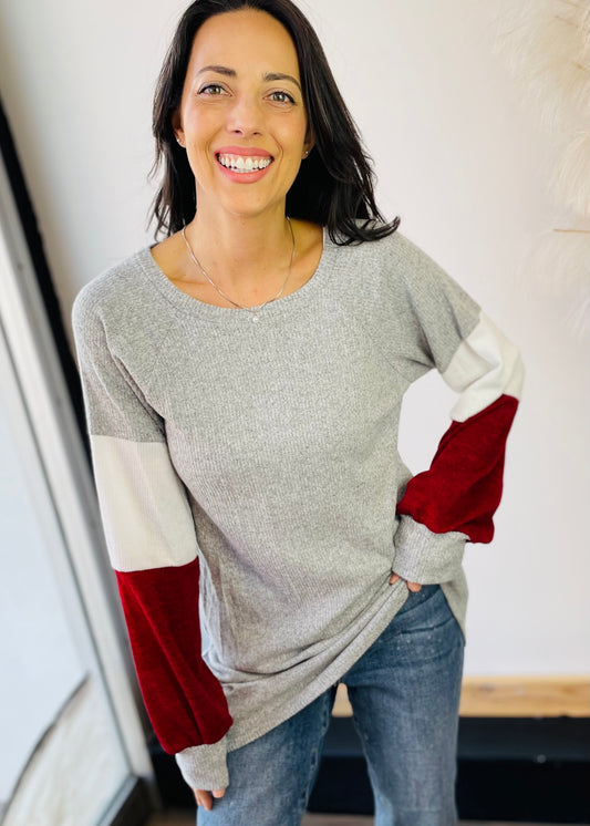 Burgundy and Grey Color Block Tunic Top