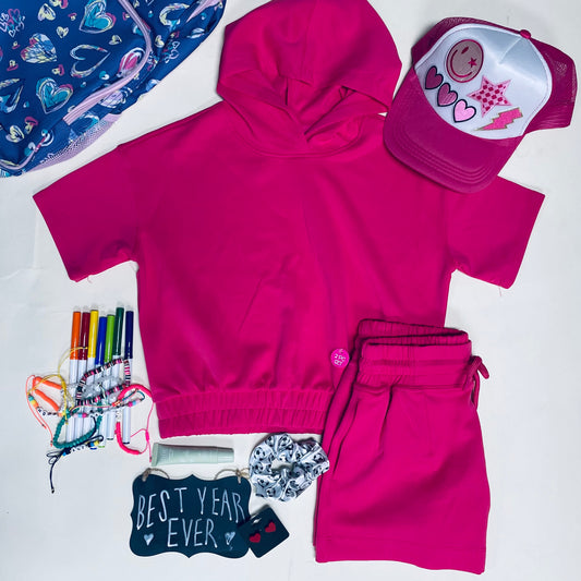 Pink - Girls Soft Scuba Hoodie Pullover and Shorts Set