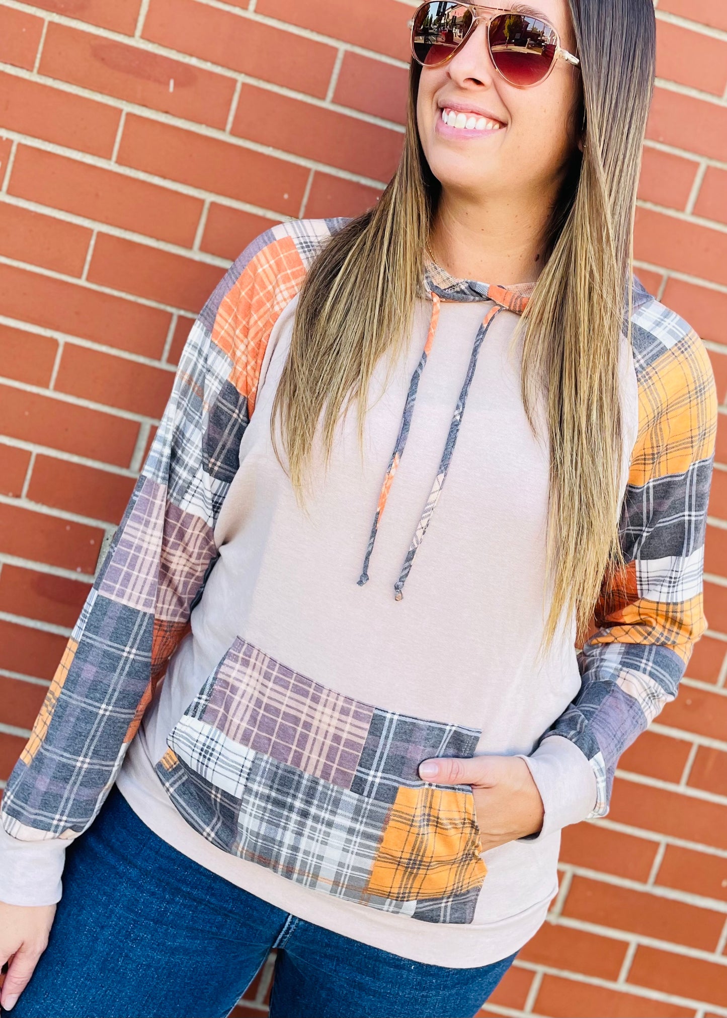 Plaid Terry Kangaroo Hoodie Top