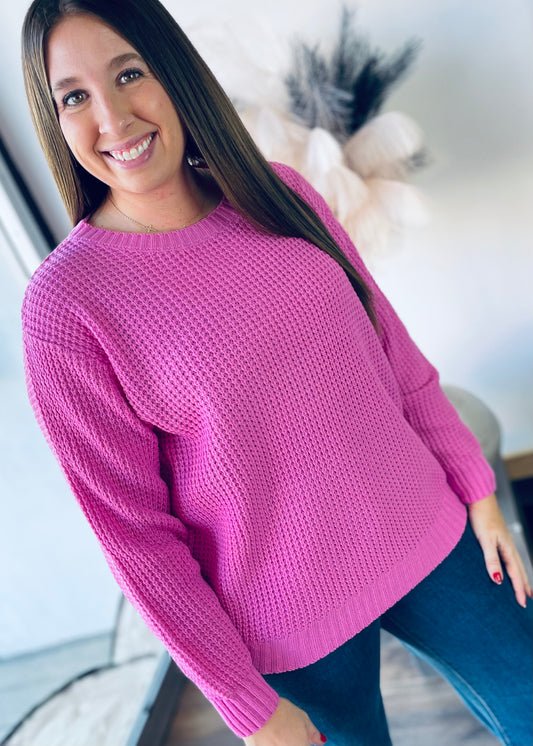 Candy Pink - Round Neck Waffle Sweater