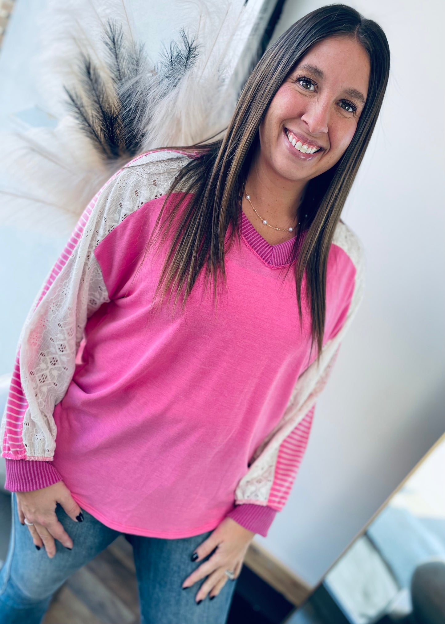 Pink and Lace V Neck Top