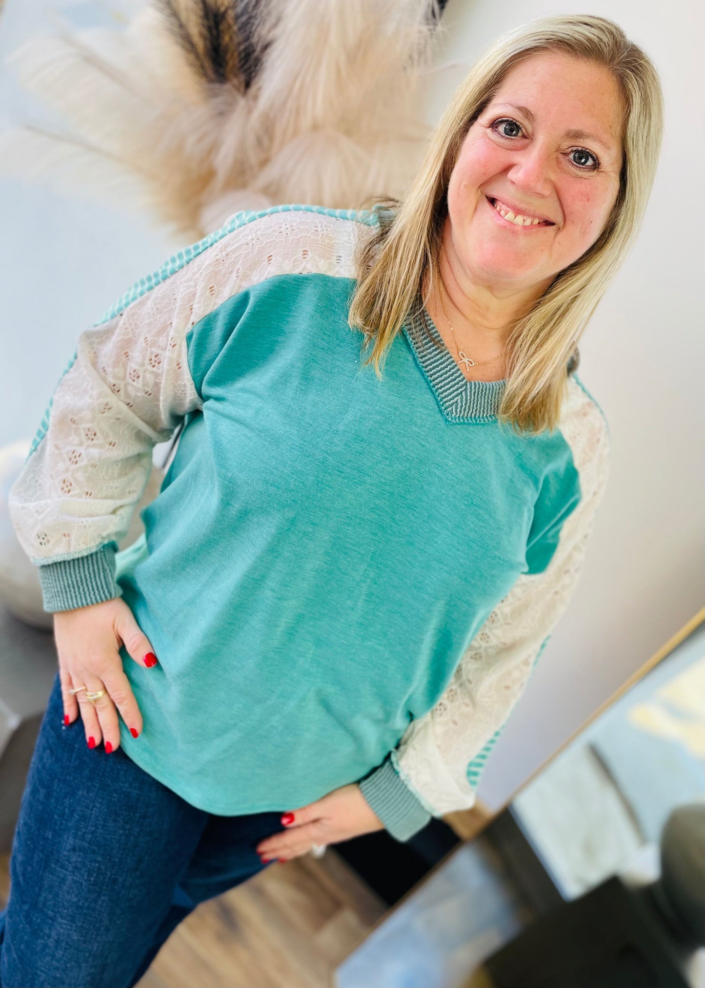 Teal and Lace V Neck Top