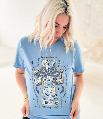 Blue He is Risen Graphic Tee - Made to Order