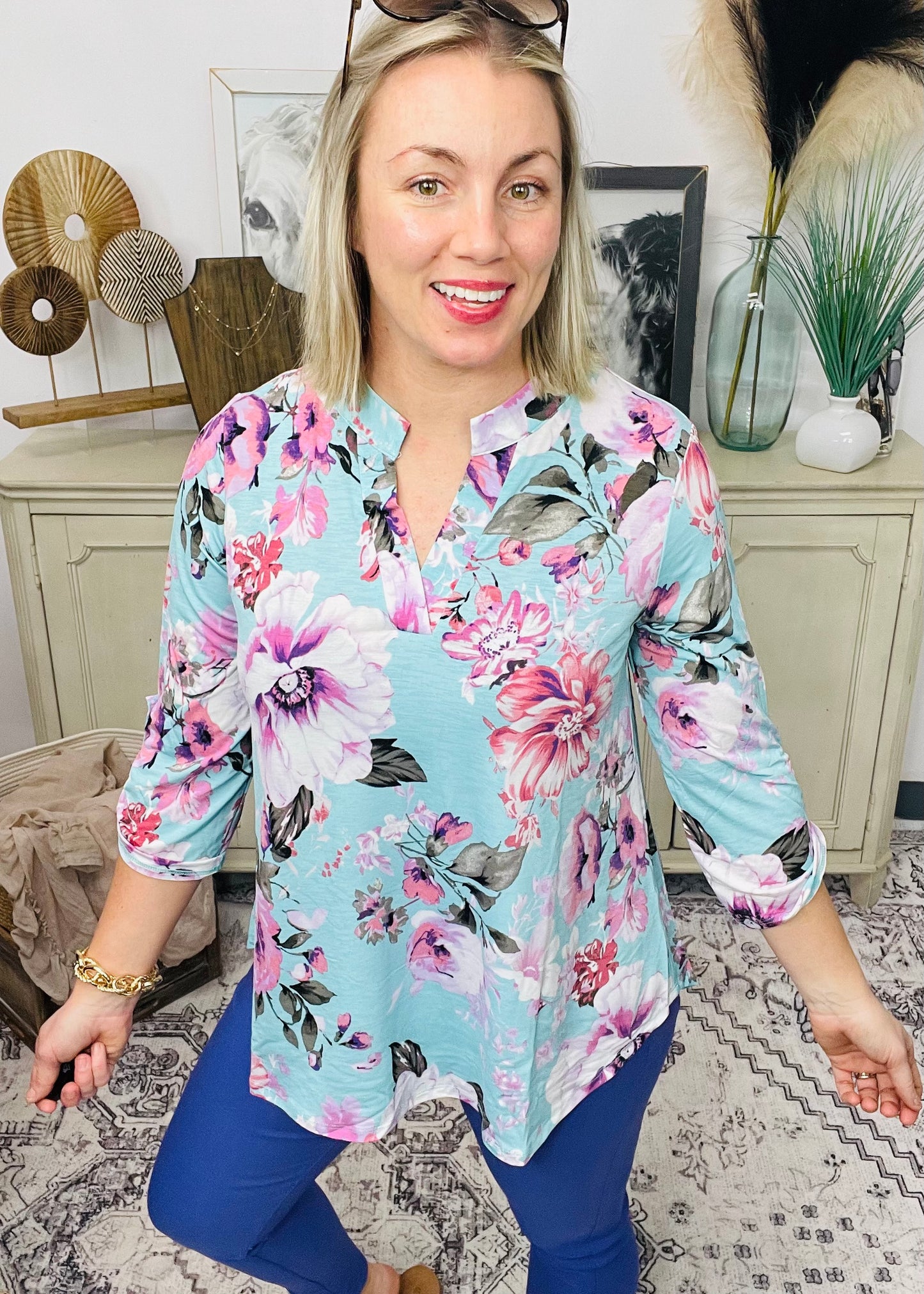 Mint Floral Print 3/4 Sleeve Top