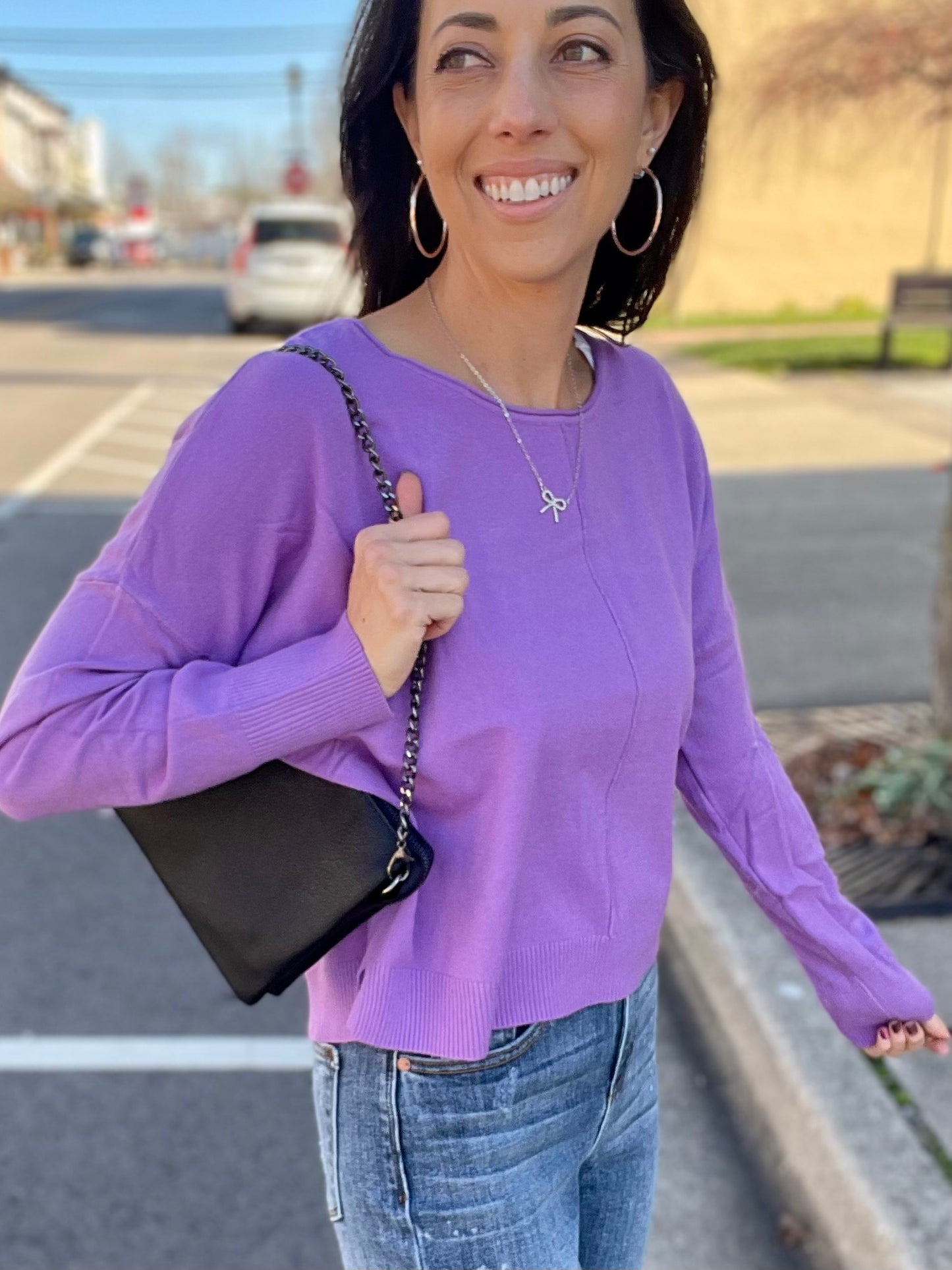 PURPLE SEAM FRONT ROUND NECK SWEATER