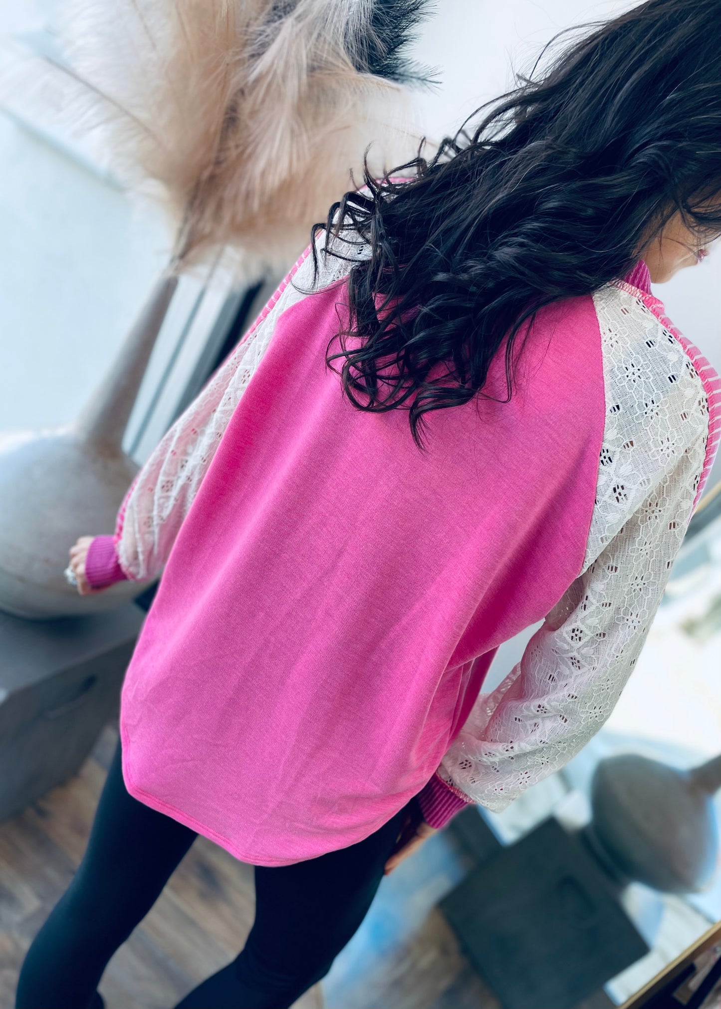 Pink and Lace V Neck Top