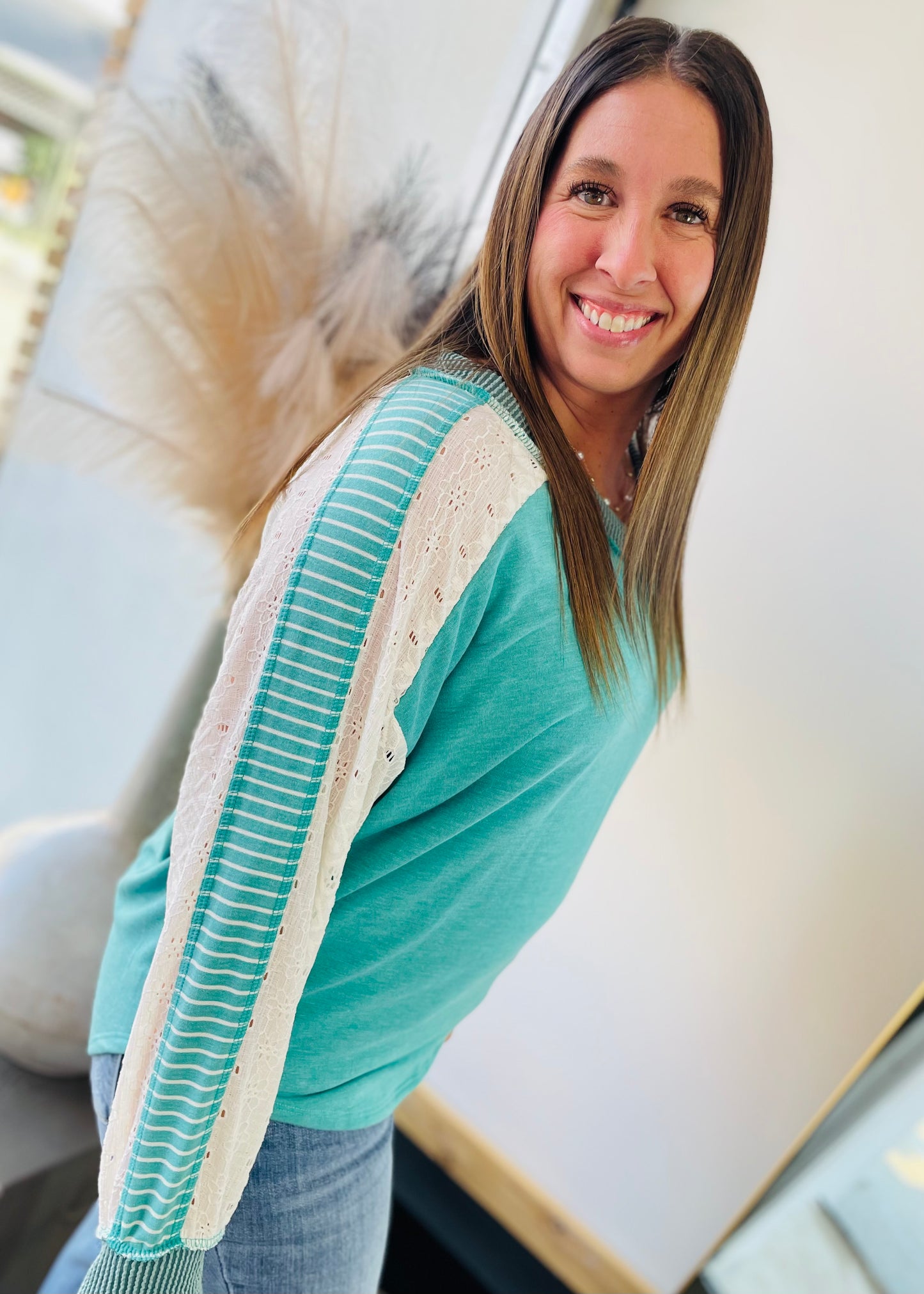 Teal and Lace V Neck Top