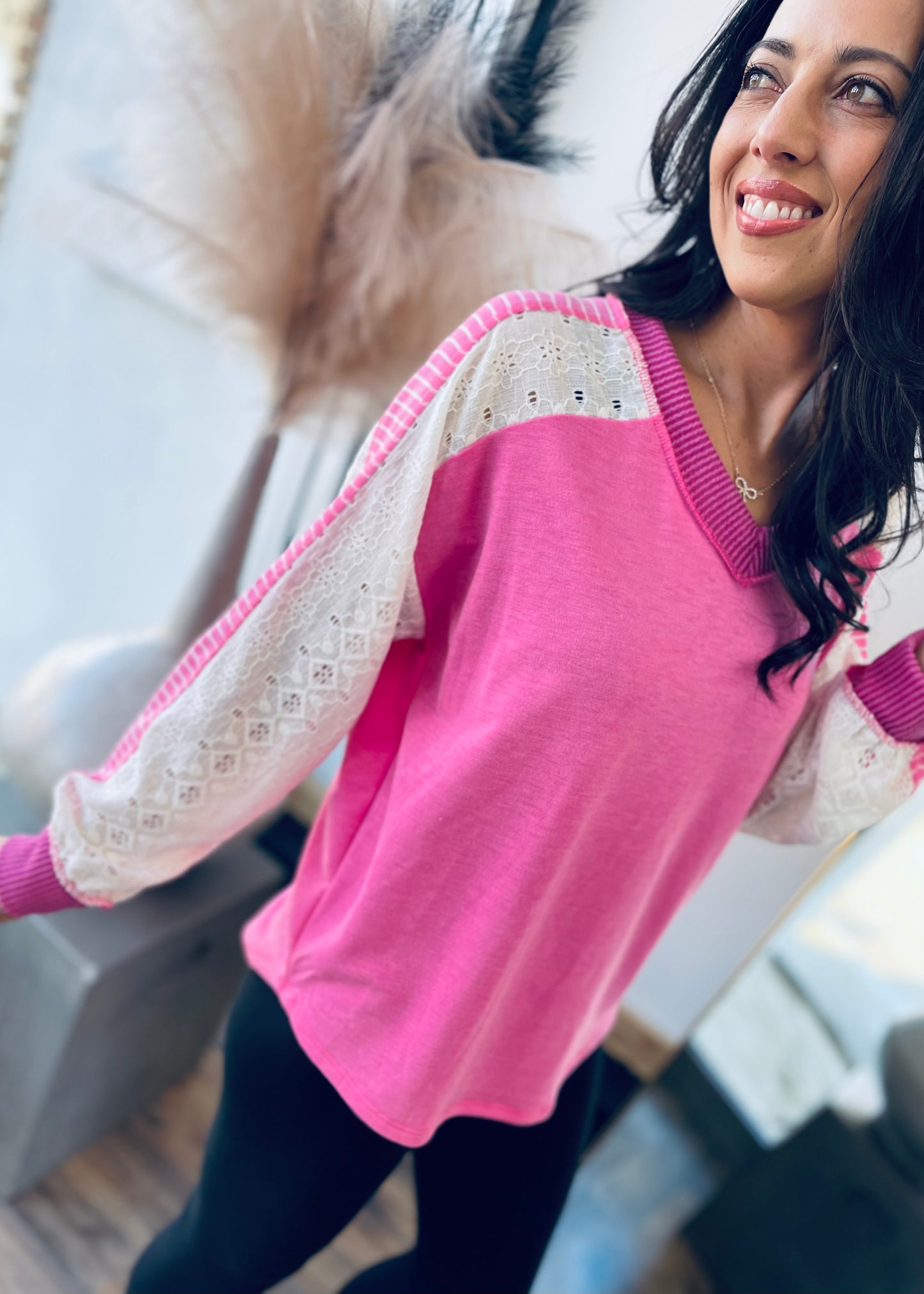 Pink and Lace V Neck Top